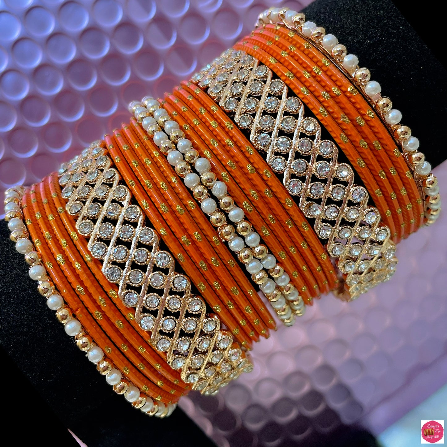 Pearl Zirconia Metal Bangles Set- Orange