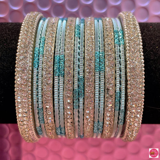 Silver & Baby Blue Zirconia Metal Bangles Set- Size 2.2