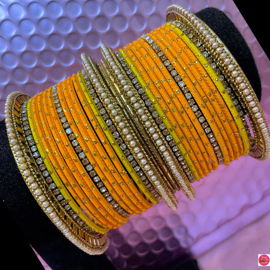 Pearl Zirconia Turmeric Orange Metal Bangles Set- Size 2.10