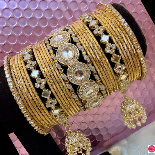 Kundan Mirror Hanging Gold Metal Bangles Set