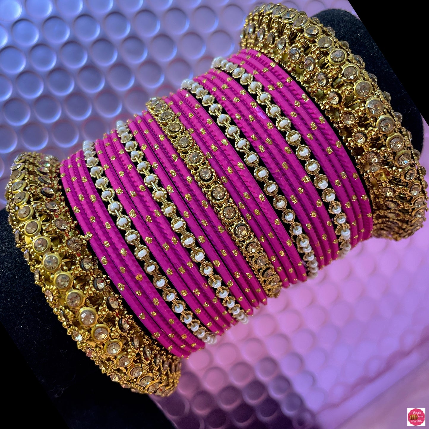 Gold Pearl Metal Bangles Set- Hot Pink