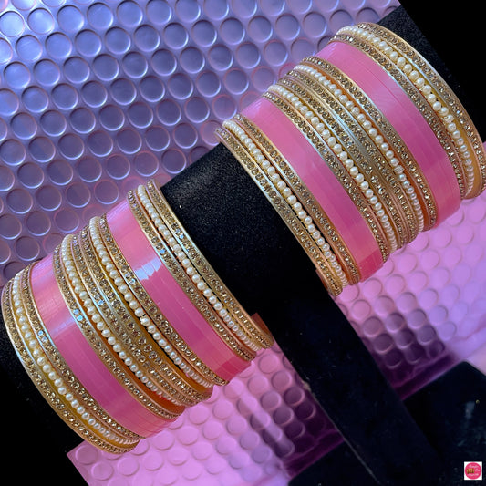 Pearl Bridal Punjabi Chura Bangles Set- Pink