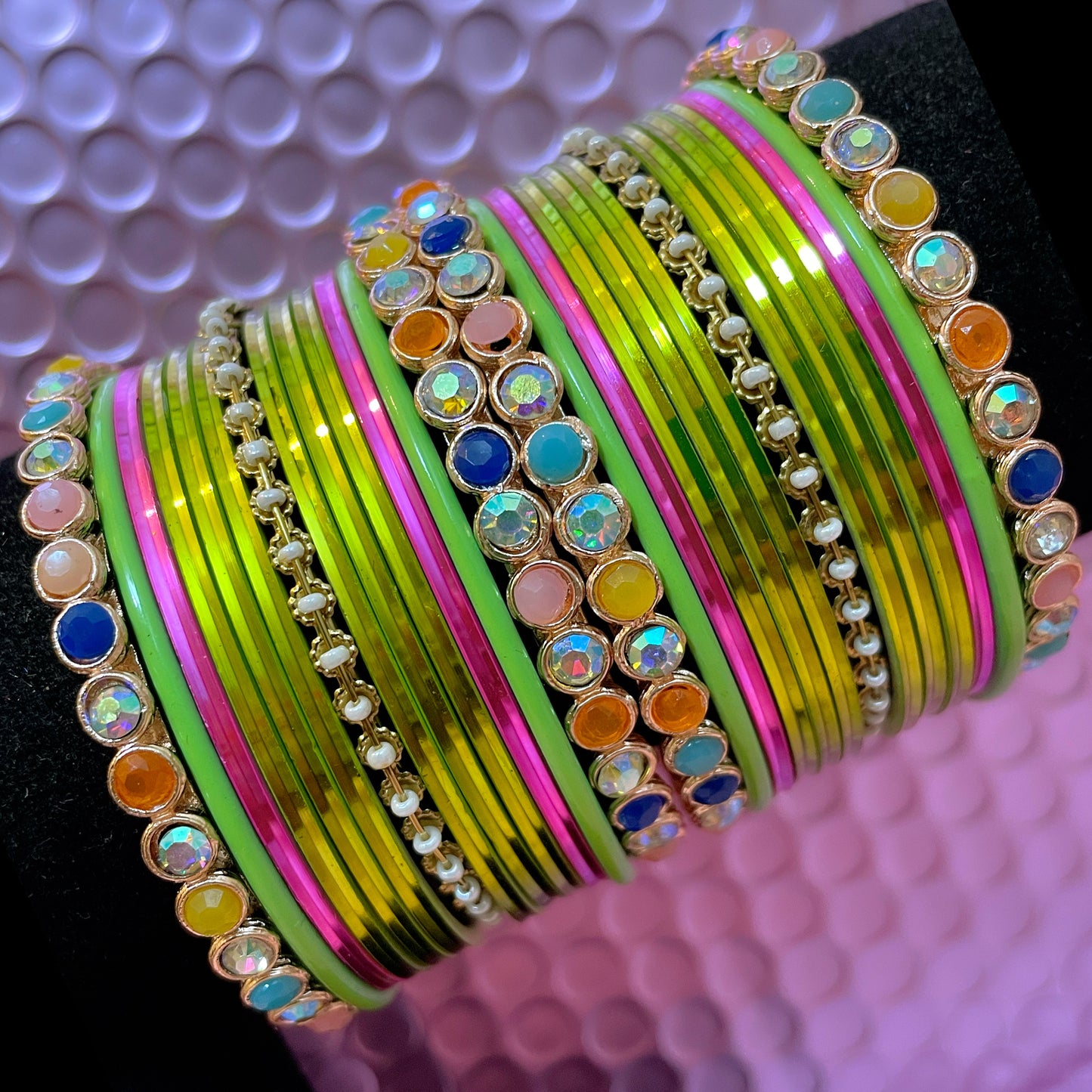 Multicoloured Mehendi Pearl Metal Bangles Set- Green/Pinks