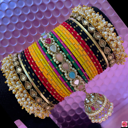 Multicoloured Kundan Pearl Hanging Metal Bangles Set