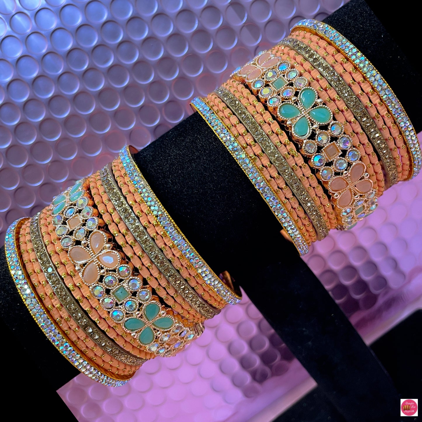 Gold Zirconia Metal Bangles Set- Peach