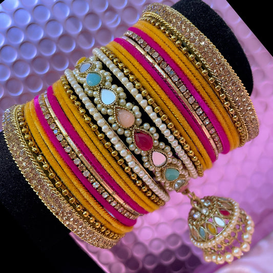 Multicoloured Kundan Pearl Hanging Metal Bangles Set