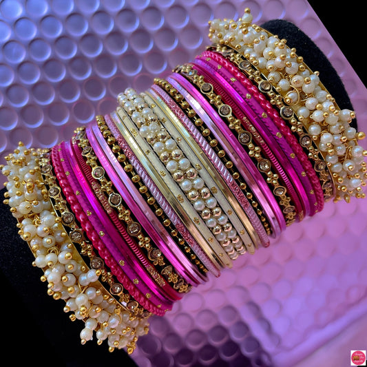 Pearl Gold Metal Bangles Sets- Pinks