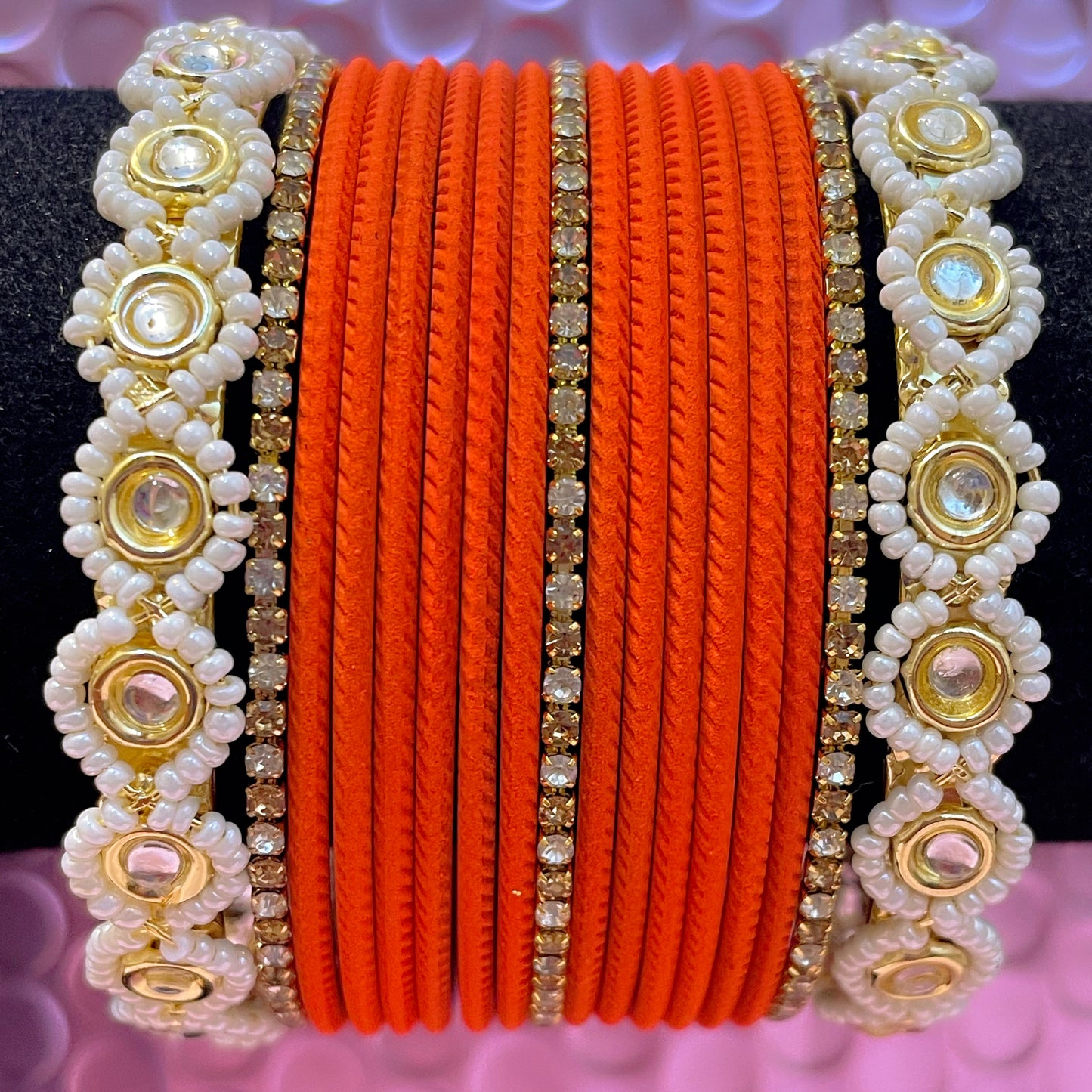 Pearl Zirconia Metal Bangles Set- Various Colours