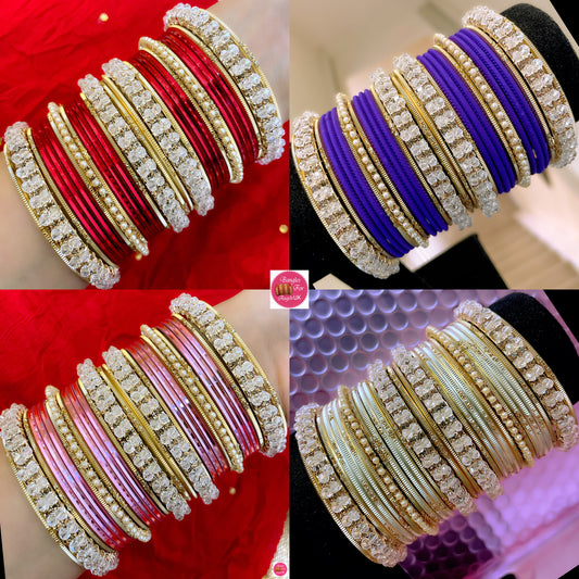 Gold Pearl Metal Bangles Sets- Various Colours