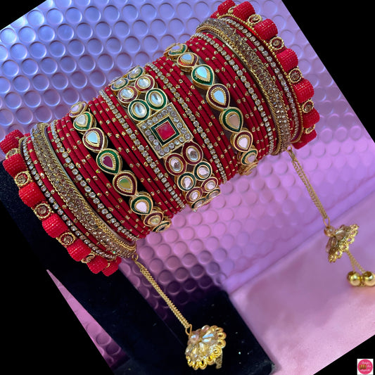 Gold Kundan Hanging Zirconia Metal Bangles Set- Red