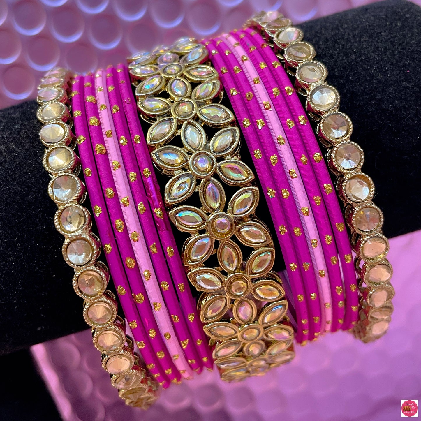 Kundan Metal Bangles Set- Pink