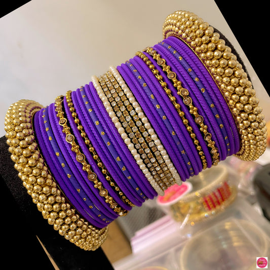 Gold Pearl Zirconia Metal Bangles Set- Purple