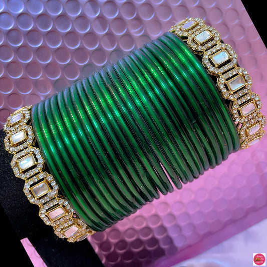 Gold Zirconia Glass Bangles Set- Green