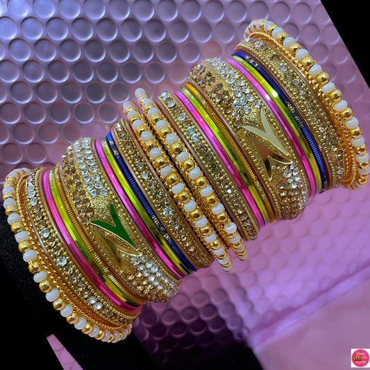 Multicoloured Pearl Metal Bangles Set