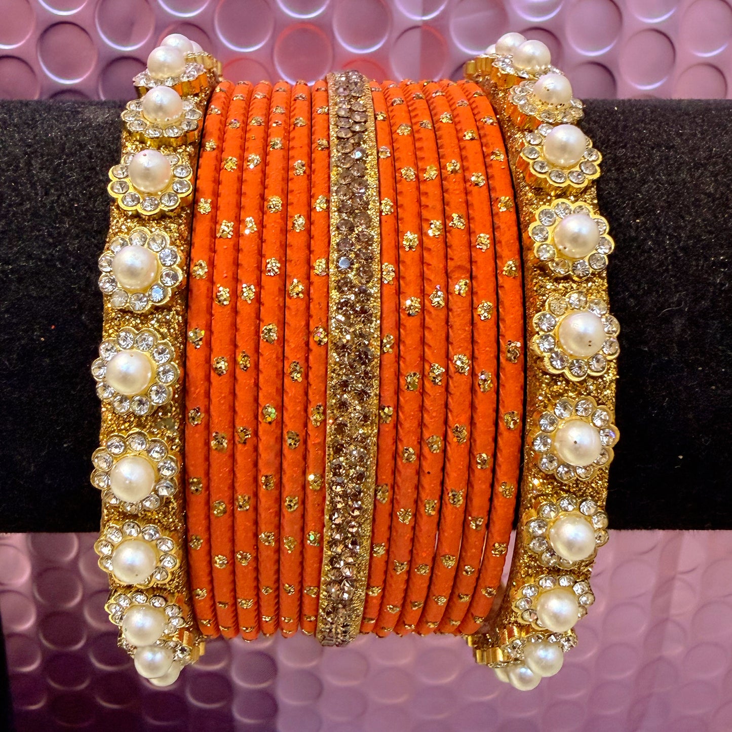 Gold Pearl Metal Bangles Sets In Assorted Colours