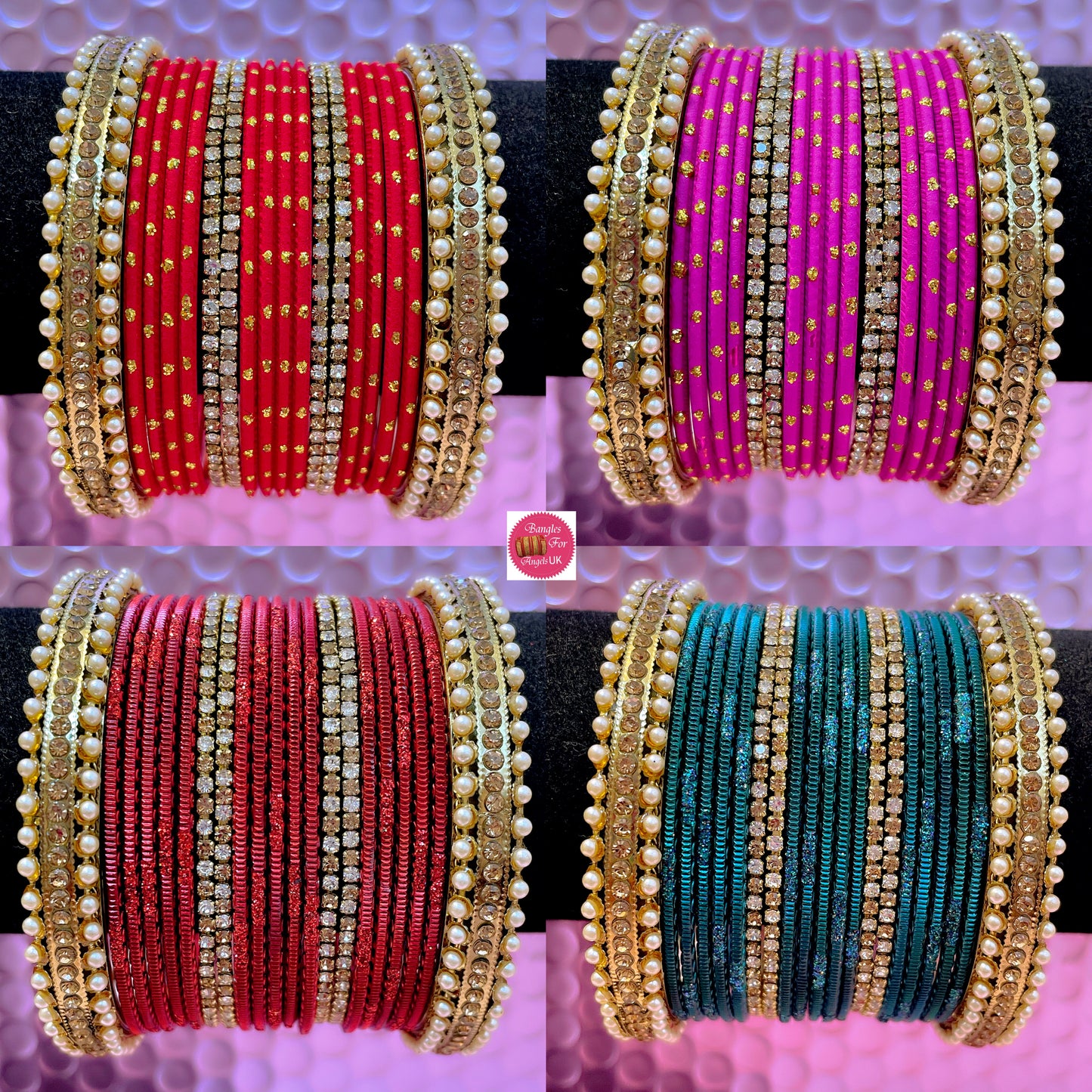 Gold Pearl Metal Bangles Set Various Colours- Size 2.10