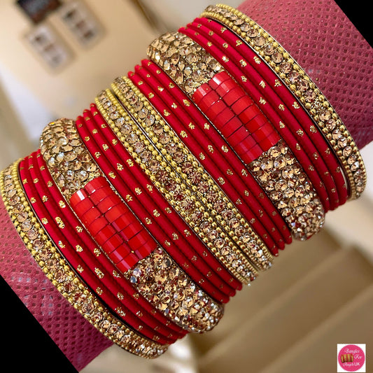 Red & Gold Metal Bangles Set- Size 2.2