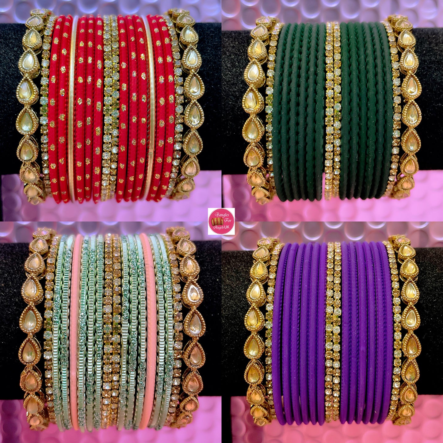 Kundan Zirconia Metal Bangles Set- Various Colours