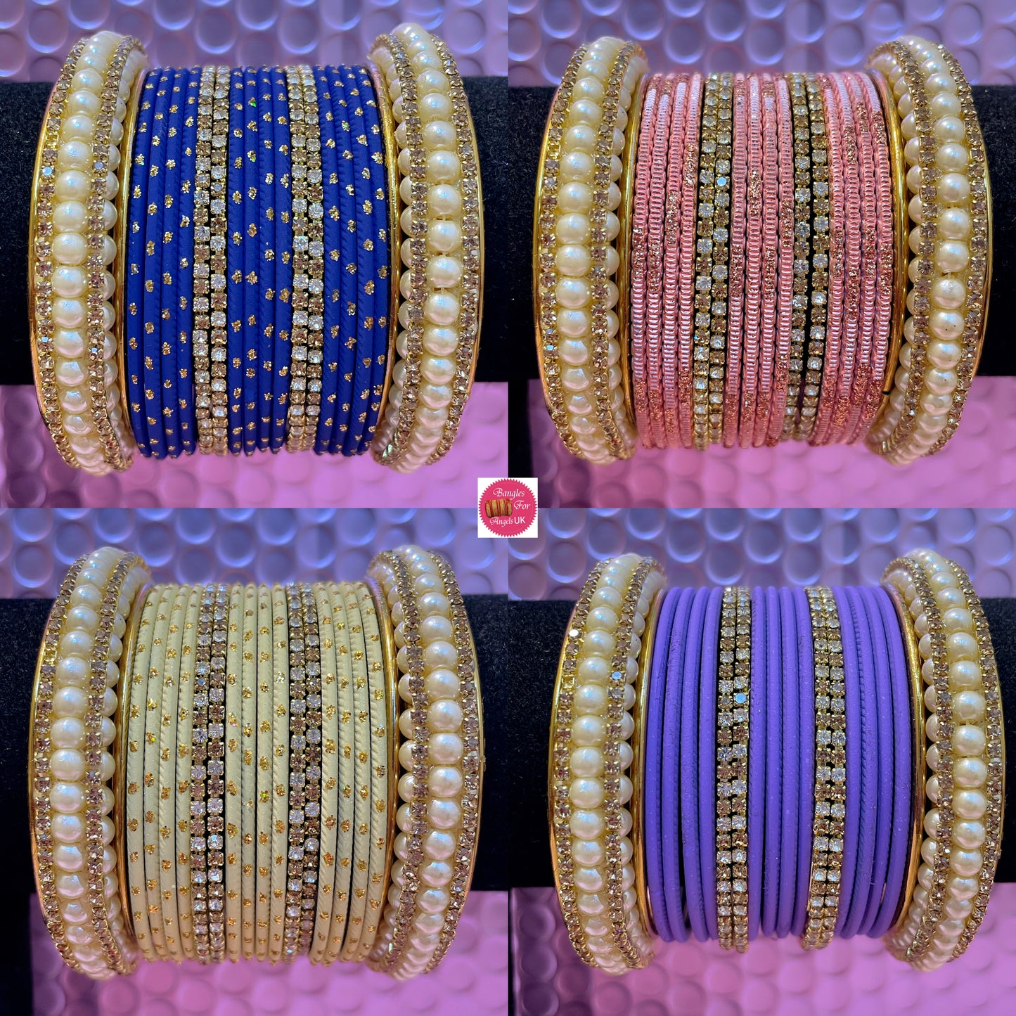 Pearl Zirconia Metal Bangles Sets- Various Colours