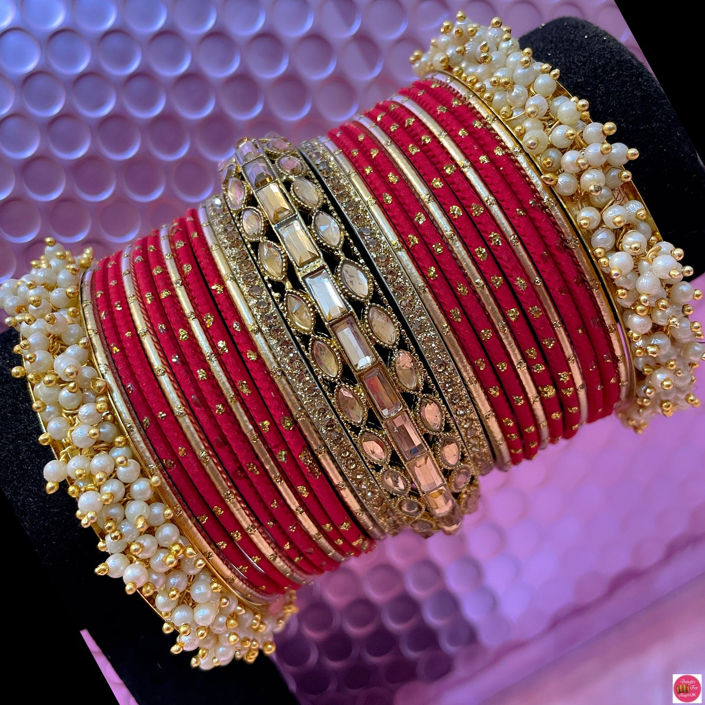 Kundan Pearl Metal Bangles Set- Red