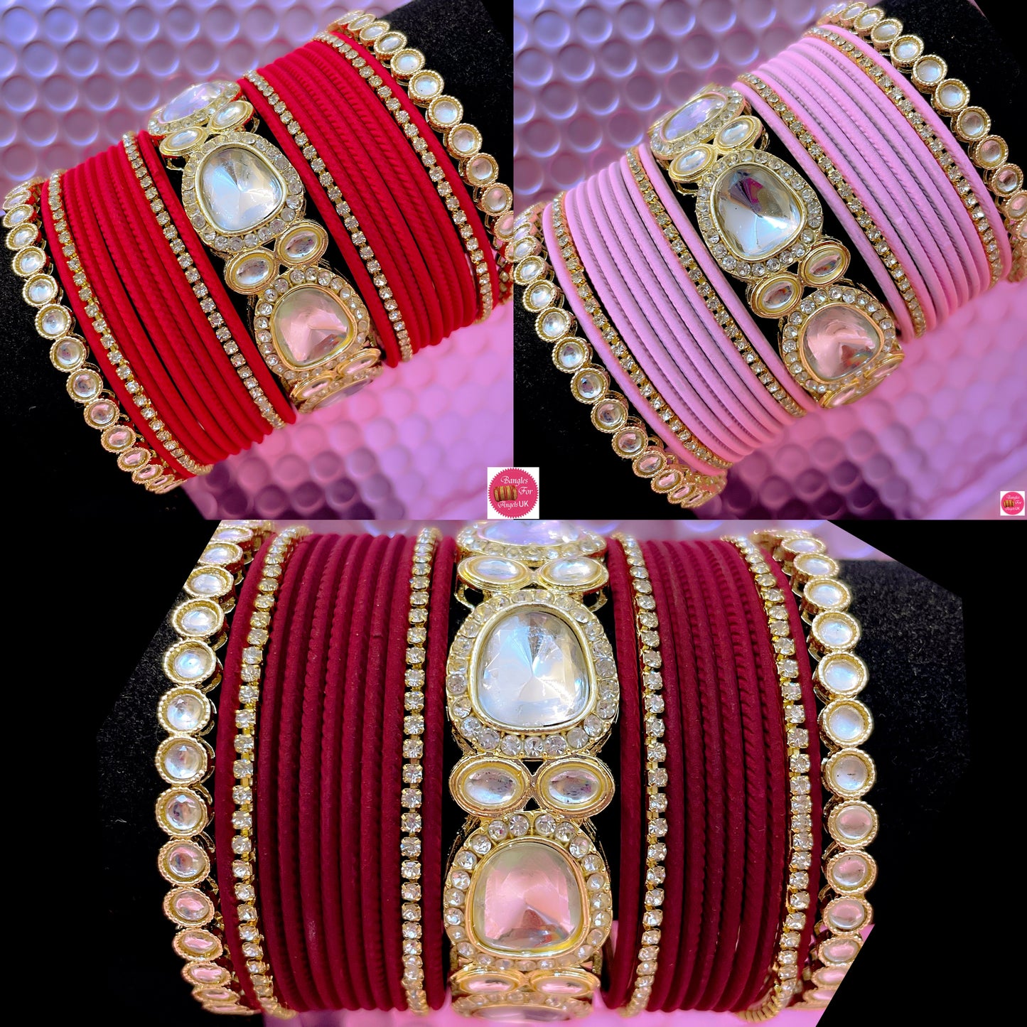 Kundan Mirror Metal Bangles Set- Maroon/Pink/Red