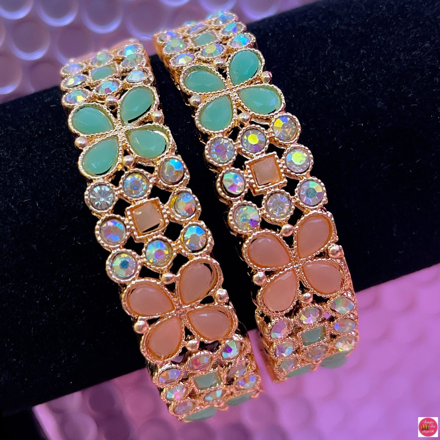 Peachy Mint Green Diamante Flower Metal Karas- Size 2.2