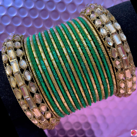 Kundan Metal Bangles Set- Green