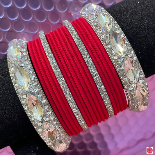 Silver Zirconia Metal Bangles Set- Red