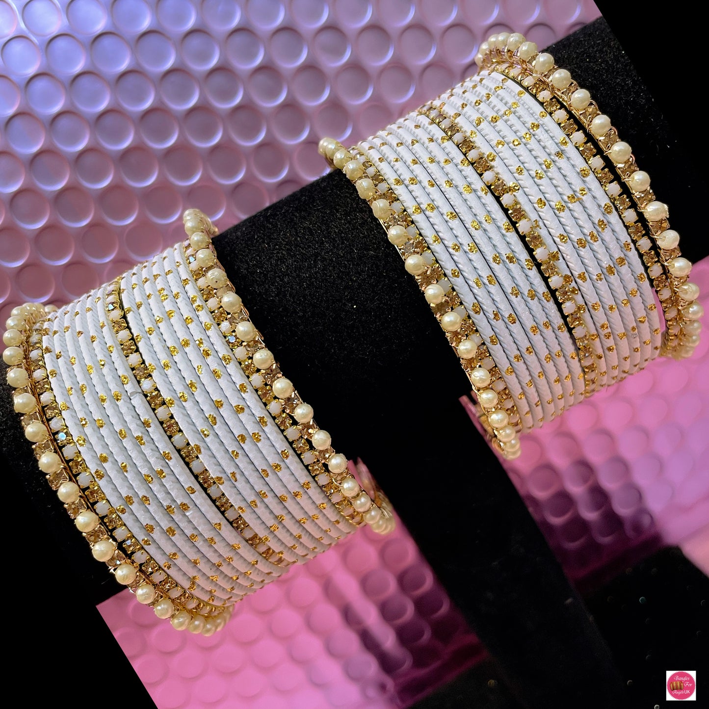 Gold Pearl Zirconia Metal Bangles Set- White