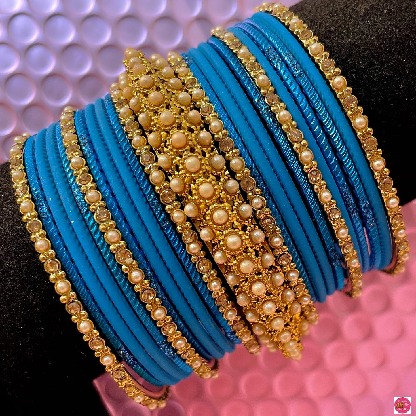 Firozi Pearl Metal Bangles Set