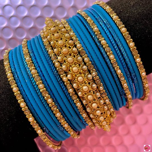 Firozi Pearl Metal Bangles Set