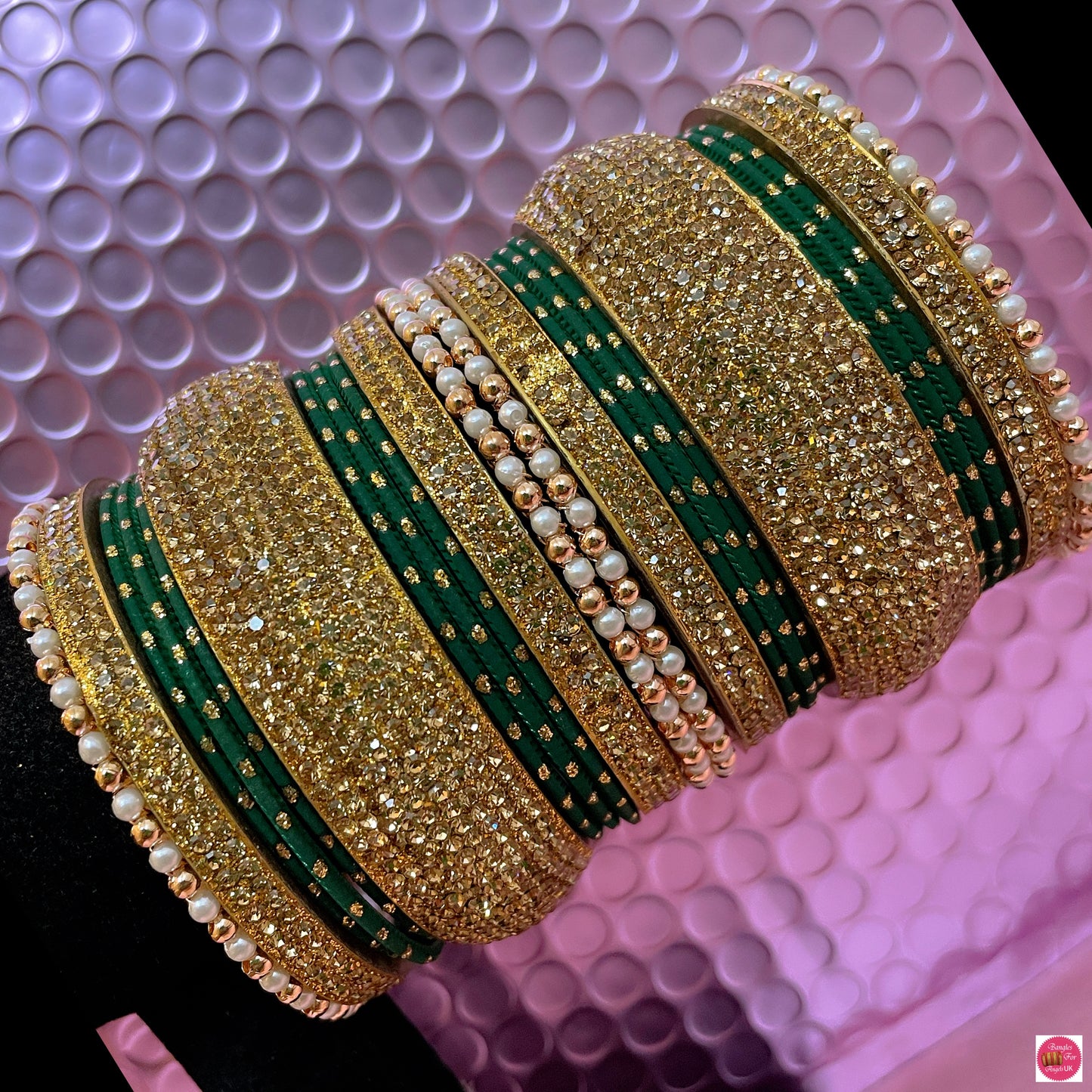 Pearl Gold Metal Bangles Set- Green