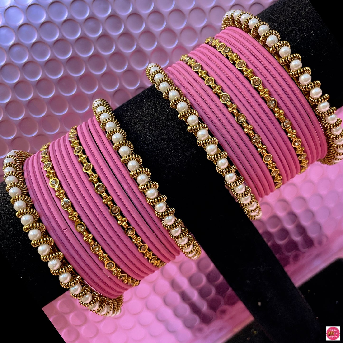 Pearl Metal Bangles Set- Rouge Pink