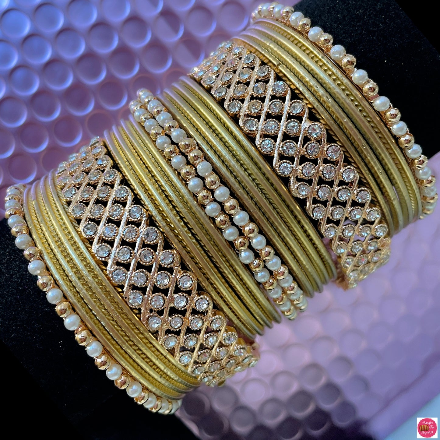 Pearl Zirconia Metal Bangles Set- Gold