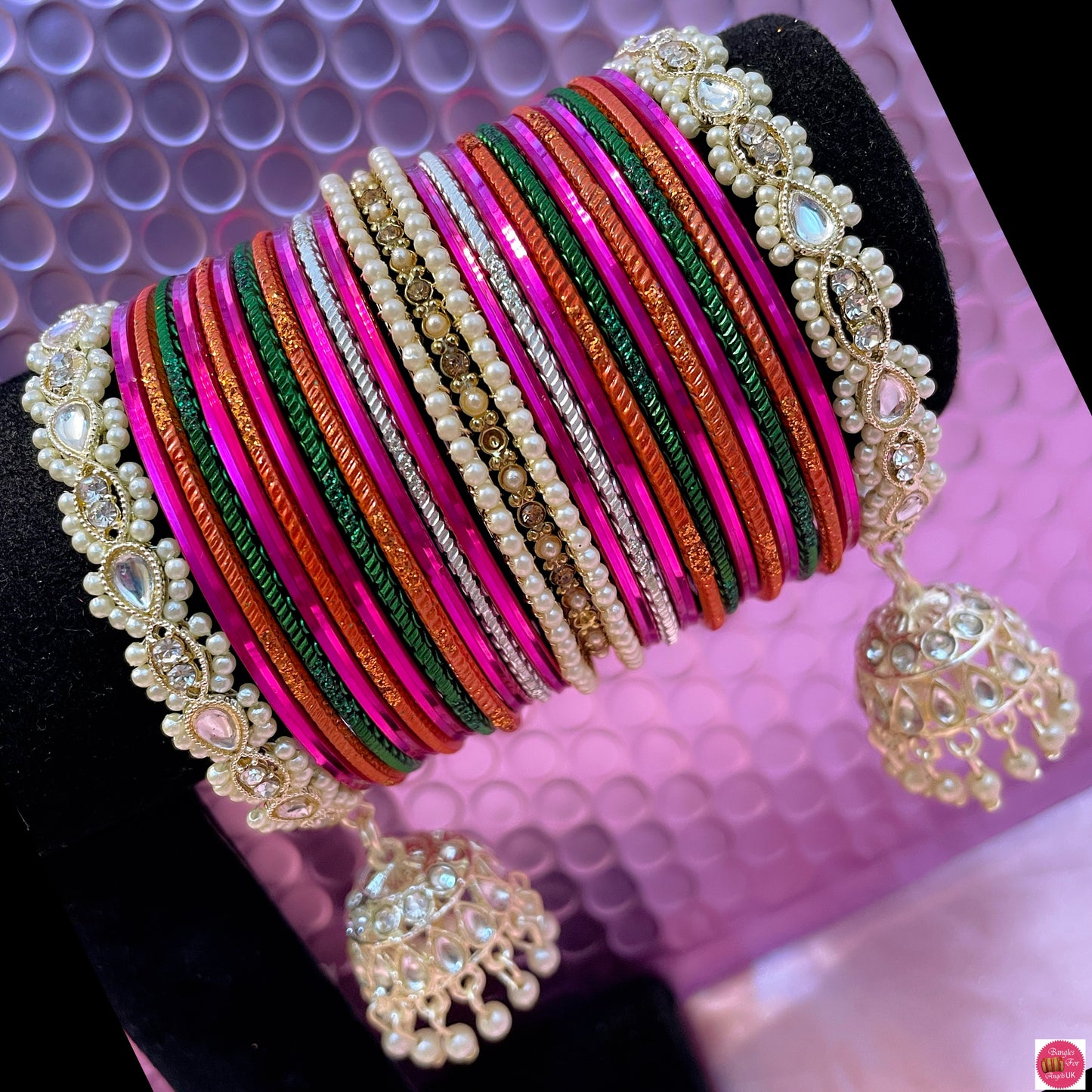 Multicoloured Kundan White Pearl Metal Bangles Set- Pink/Orange/Greens