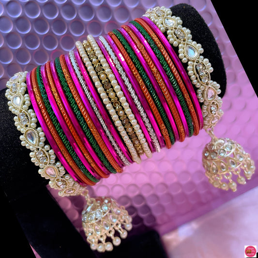 Multicoloured Kundan White Pearl Metal Bangles Set- Pink/Orange/Greens