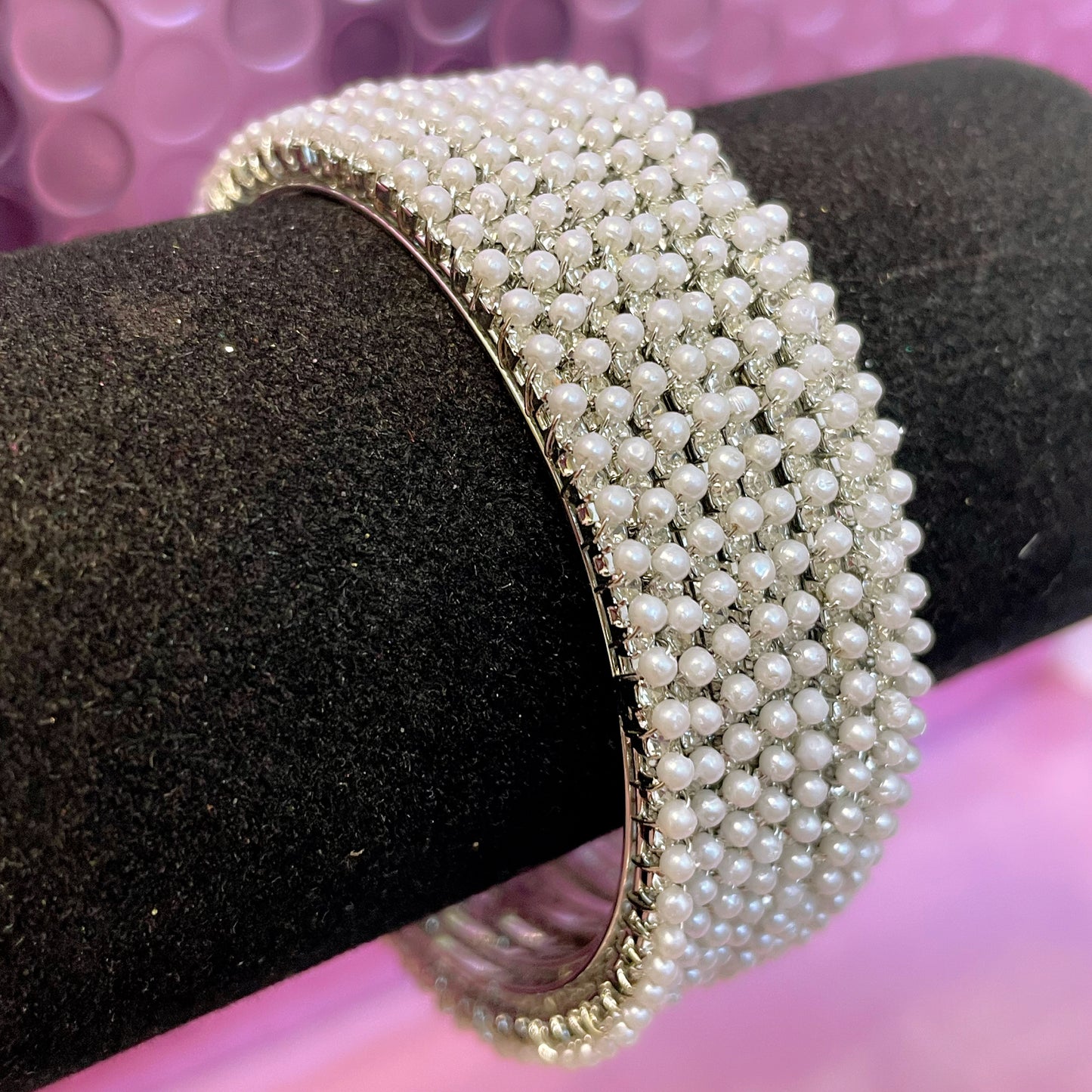 Silver & White Pearl Metal Bangles Set