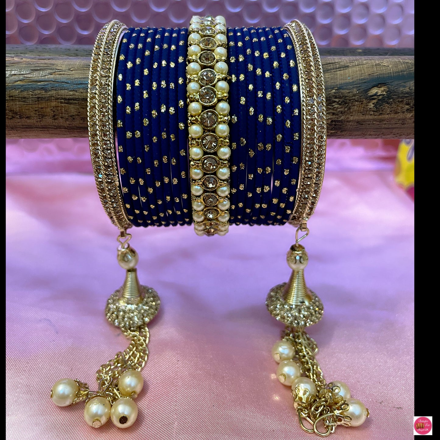 Gold Zirconia Hanging Pearl Metal Bangles Set- Navy Blue