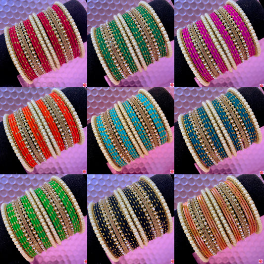 Pearl Metal Bangles Set- Various Colours