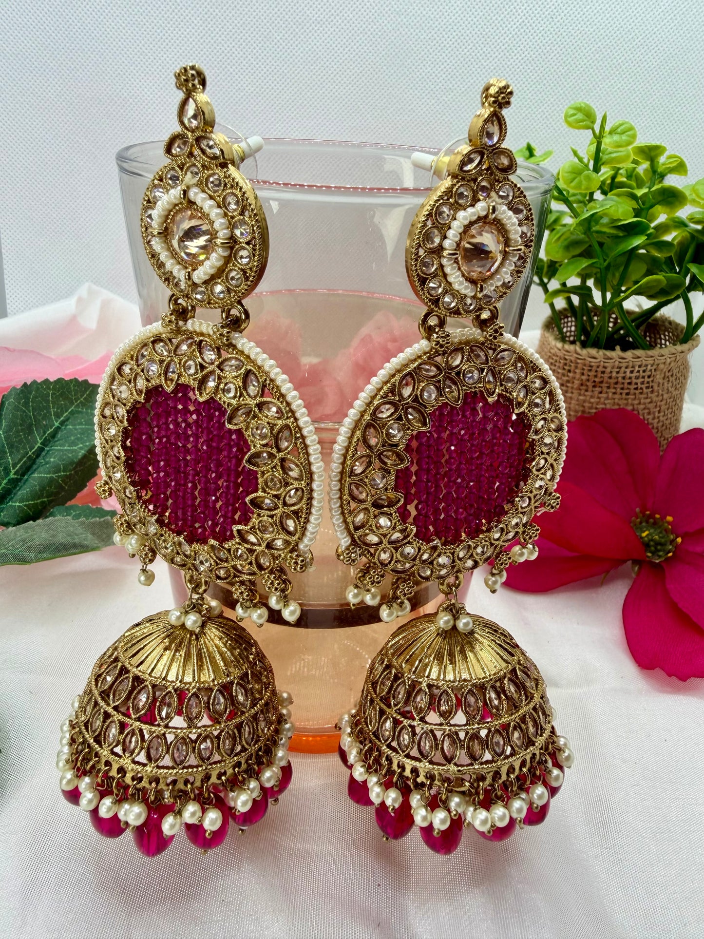 Kundan Magenta Pink Jhumka Earings