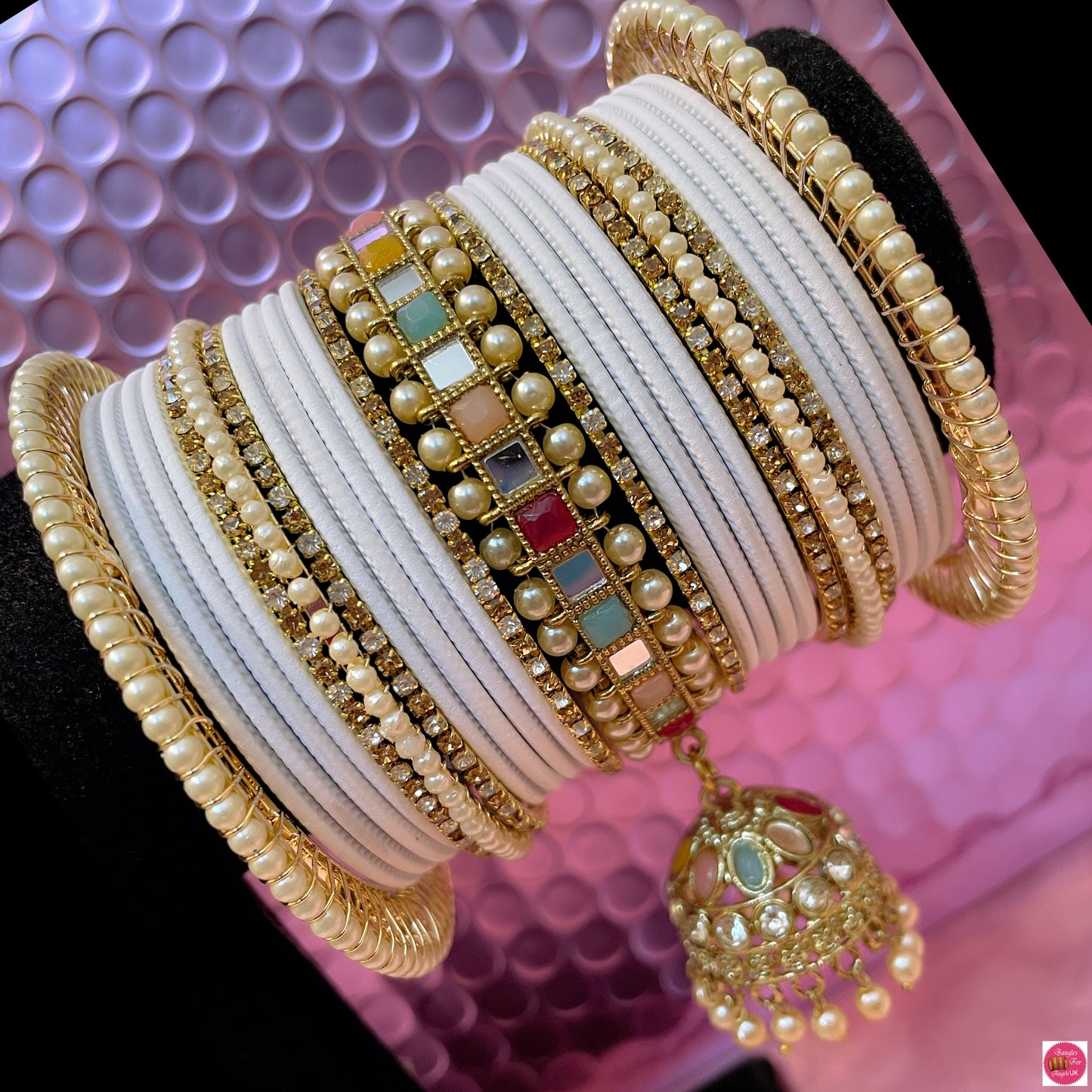 Kundan Pearl HangingMetal Bangles Set