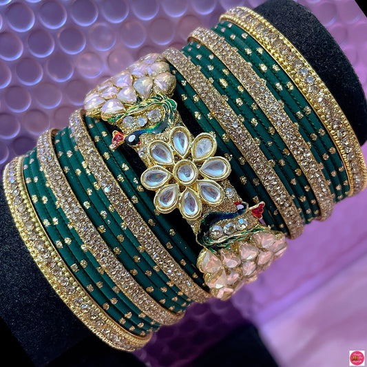 Kundan Peacock Gold Metal Bangles Set- Green