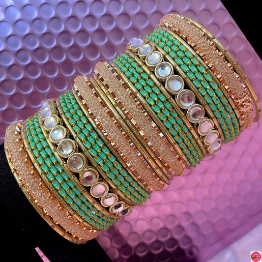 Gold Mirror Zirconia Metal Bangles Set- Mint Green