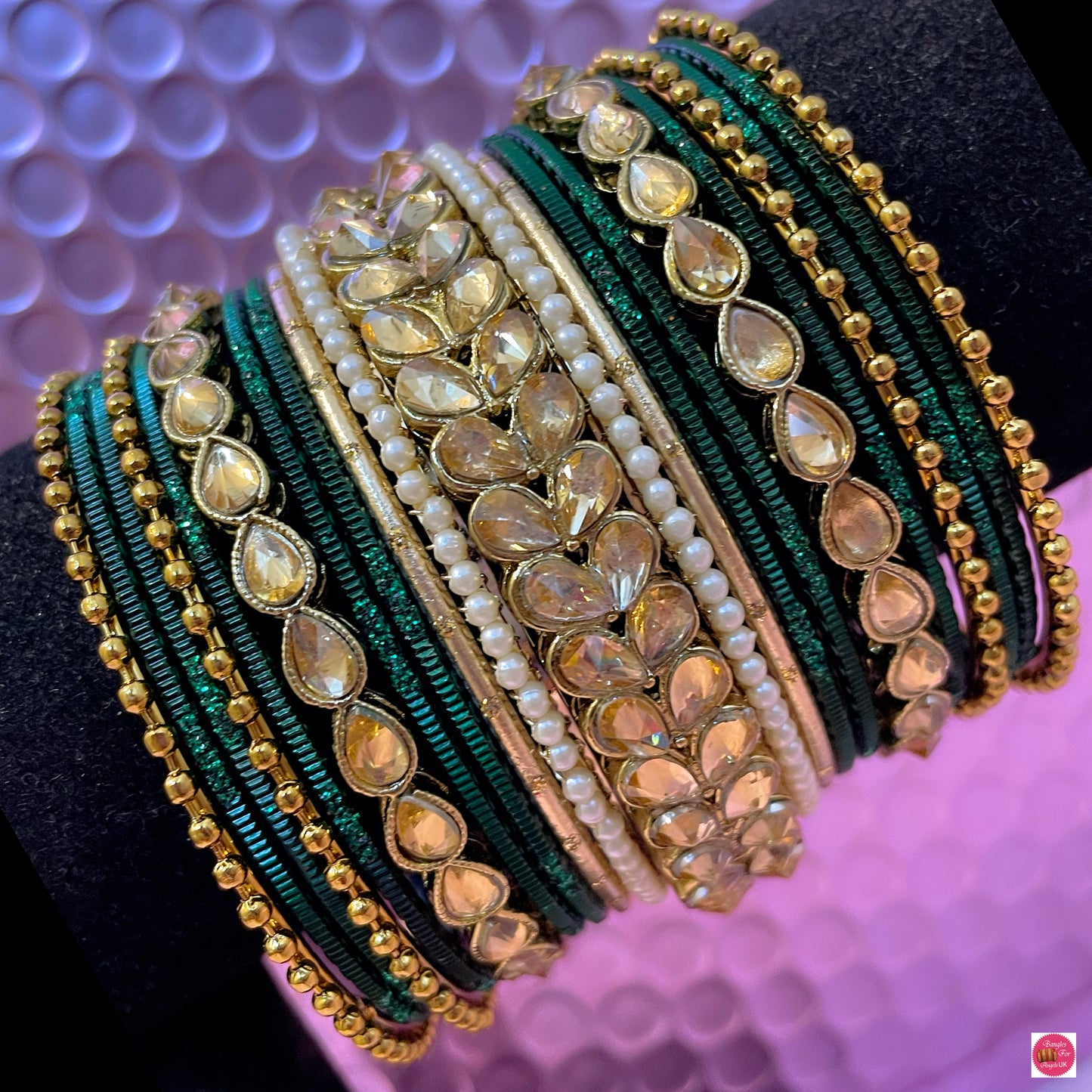 Kundan Pearl Metal Bangles Set- Deep Green