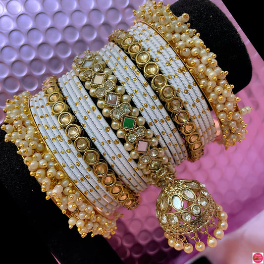 Kundan Gold Pearl Hanging Metal Bangles Set- White