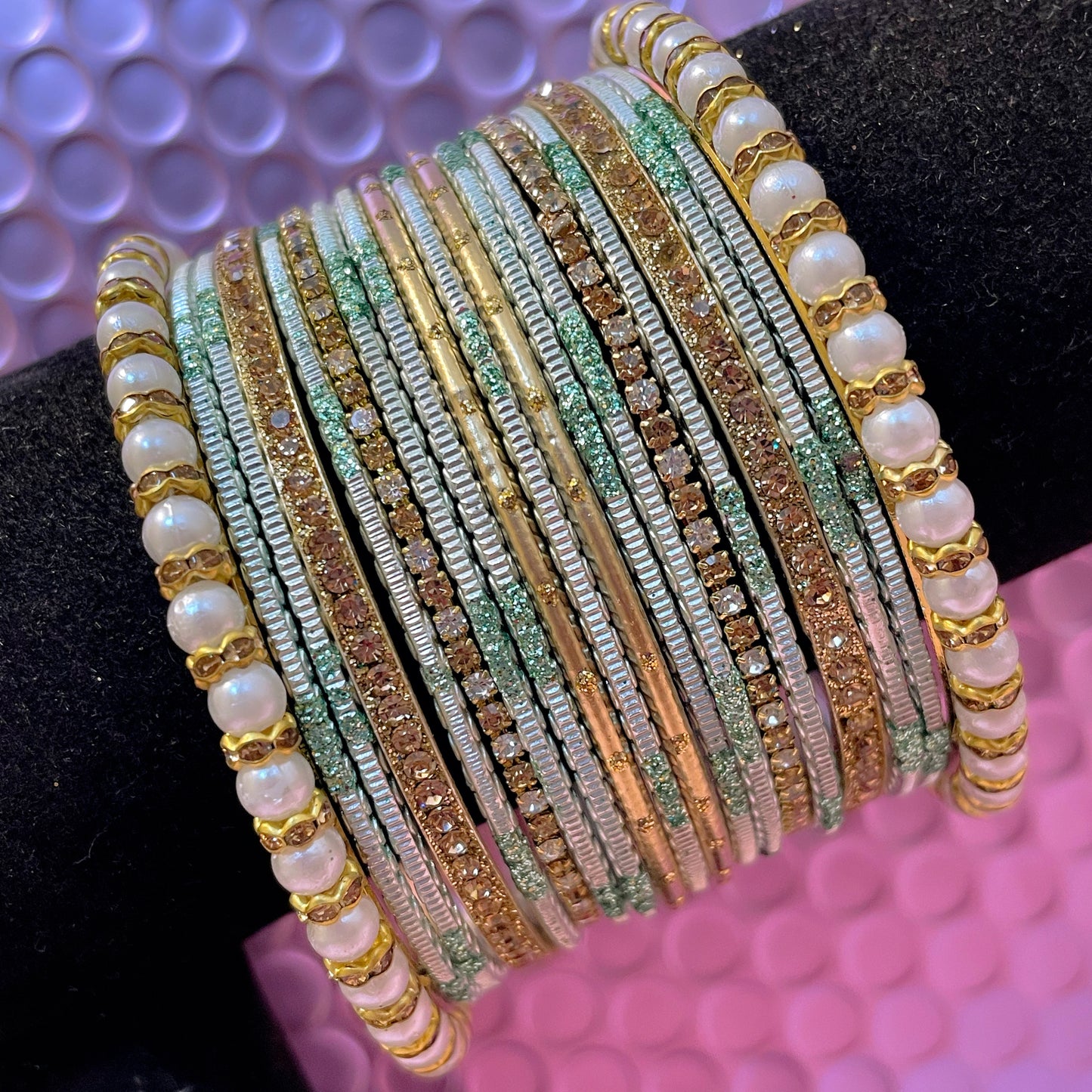 Pearl Zirconia Metal Bangles Set- Various Colours