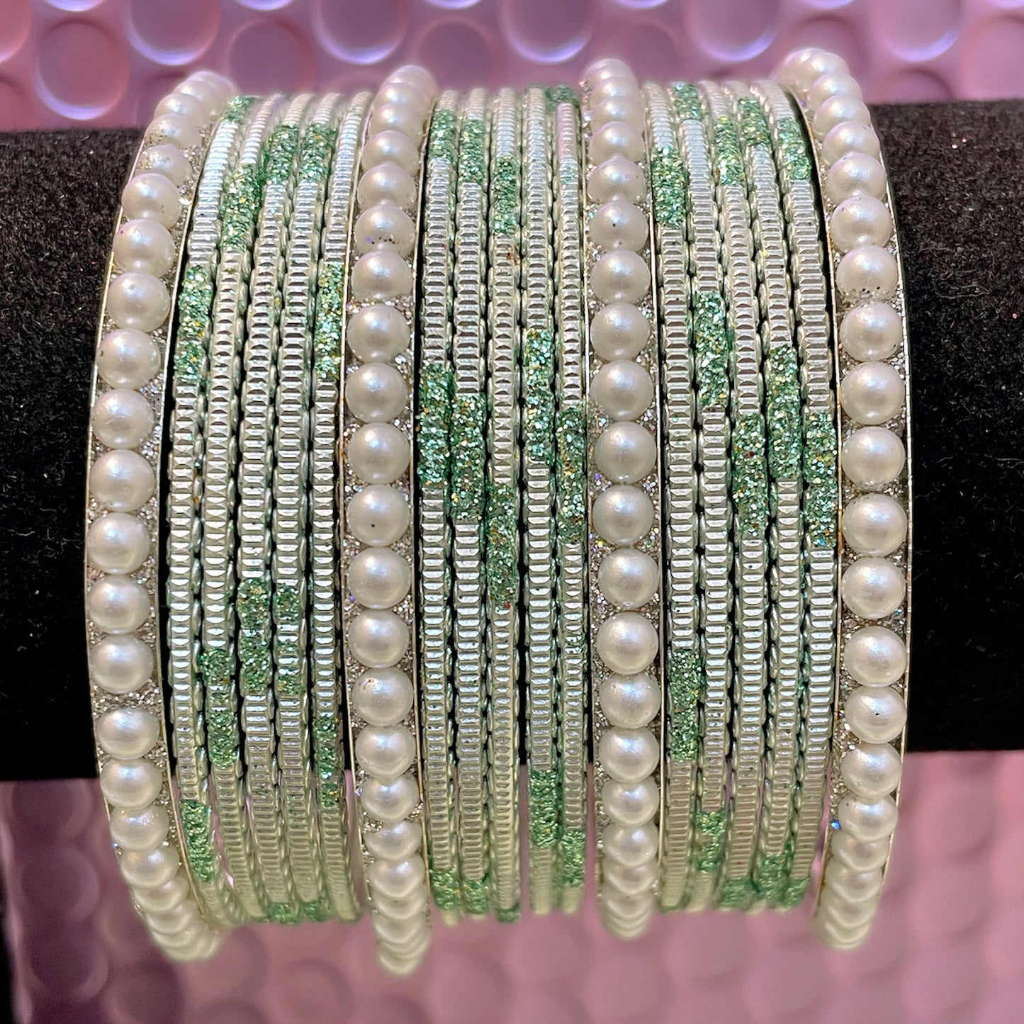 Silver Pearl Metal Bangles Sets- Various Colors