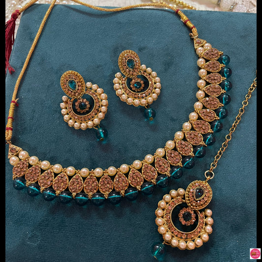 Gold Pearl Necklace, Earings & Maang Tikka Set- Teal