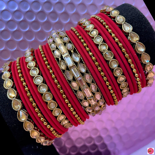 Kundan Metal Bangles Set- Red