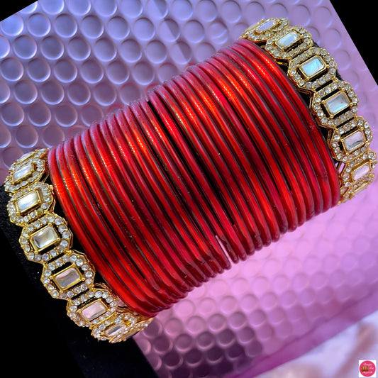 Gold Zirconia Glass Bangles Set- Red